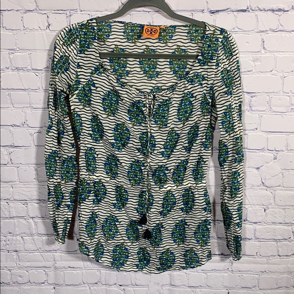 Tory Burch Womens Evelina Tunic Top Striped Paisley Print Black Green Size 0